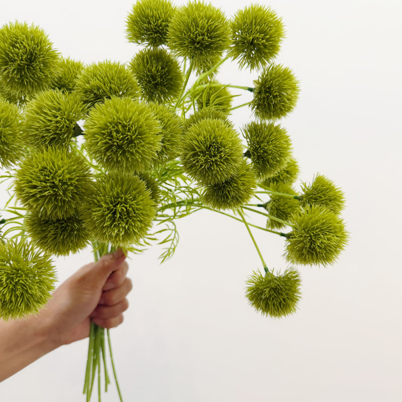 Artificial Dianthus Bush, 5-Bloom Green Puff Ball Flower, PU Faux Floral Stem for Weddings, Hotels & Home Decor