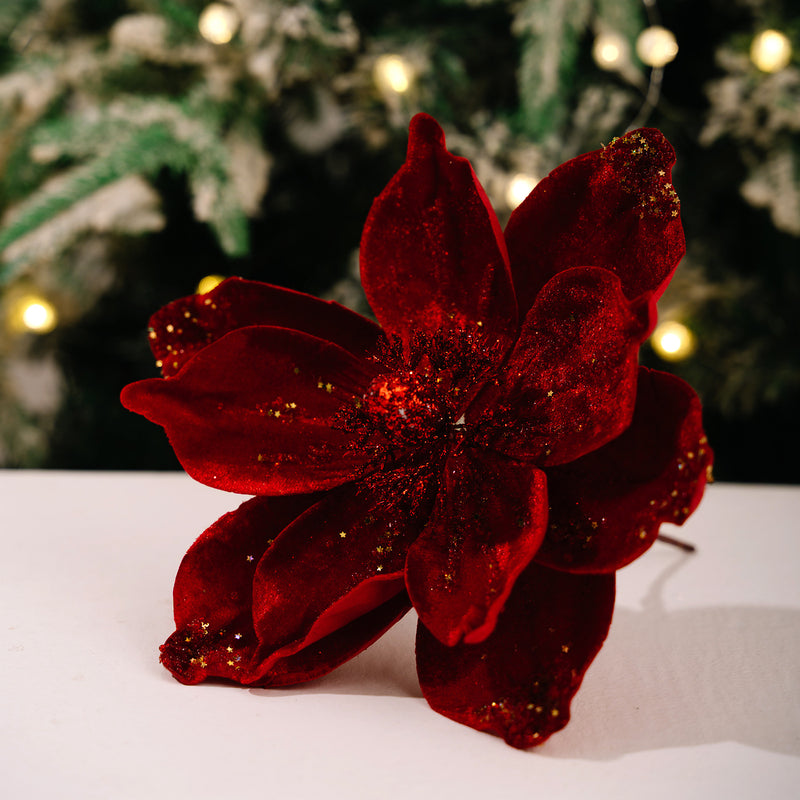 Gold Glitter Velvet Magnolia Artificial Flower, Single Stem with 1 Large Bloom, Christmas Tree Decor, Holiday & Wedding