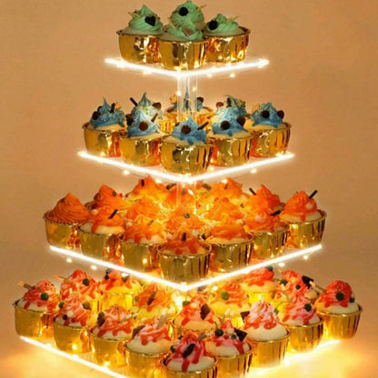 Bulk 2 Pcs Cupcake Stand Holder Acrylic Tower with LED Lighting System Commercial-Grade Dessert Display for Wedding Candy Bars 5-Star Buffets  Warm Gold Wholesale