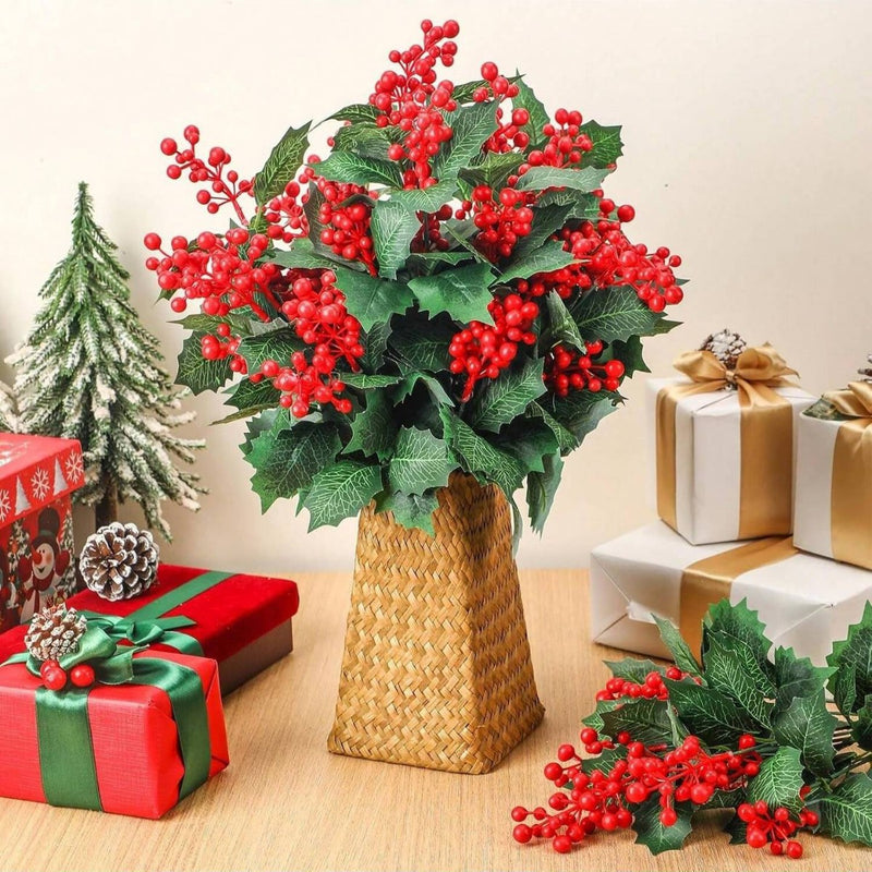 Artificial Christmas Holly Berry Stem, Silk Fabric, 16" Long, Holiday Decor, Home or Event Styling