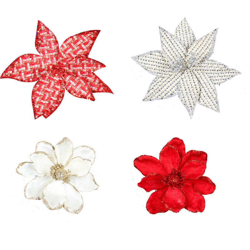 Glitter Artificial Poinsettia Flowers 10 Pcs Christmas Decorations for Tree Garland Rattan Accessories