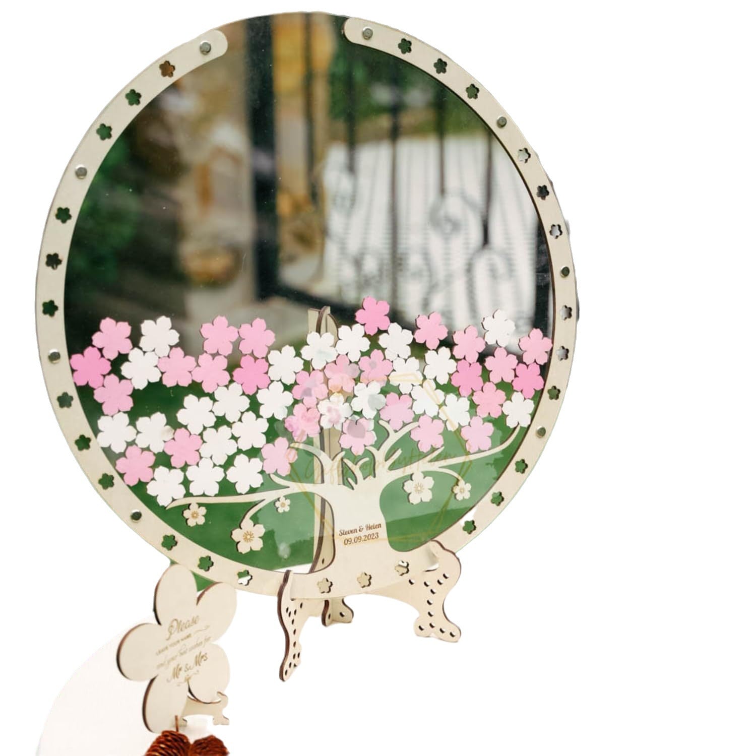 Cherry Blossom Tree Wooden Wedding Guest Book Sign - 12x12 Inches Wedding Sign-In Table Ornament | Wooden Craft for Wedding Decor