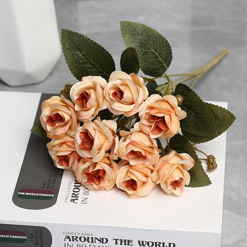 Autumn-Toned Silk Rose Bouquet, 10-Bloom Hand-Tied Bunch, 12" Tall, for Weddings, Home Decor & Floral Arrangements