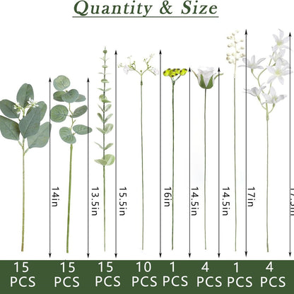 Bulk 110 Pcs 7 Kinds Mixed Artificial Eucalyptus Stems and Faux Flowers Wedding Floral Supplies for DIY Bouquets Table Centerpieces & Home Decor Arrangements Wholesale