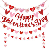 Valentine's Day Heart Glitter Garland - Happy Valentine's Day Letter Banner (Pink & Red)