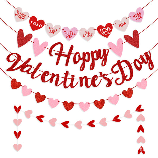 Valentine's Day Heart Glitter Garland - Happy Valentine's Day Letter Banner (Pink & Red)