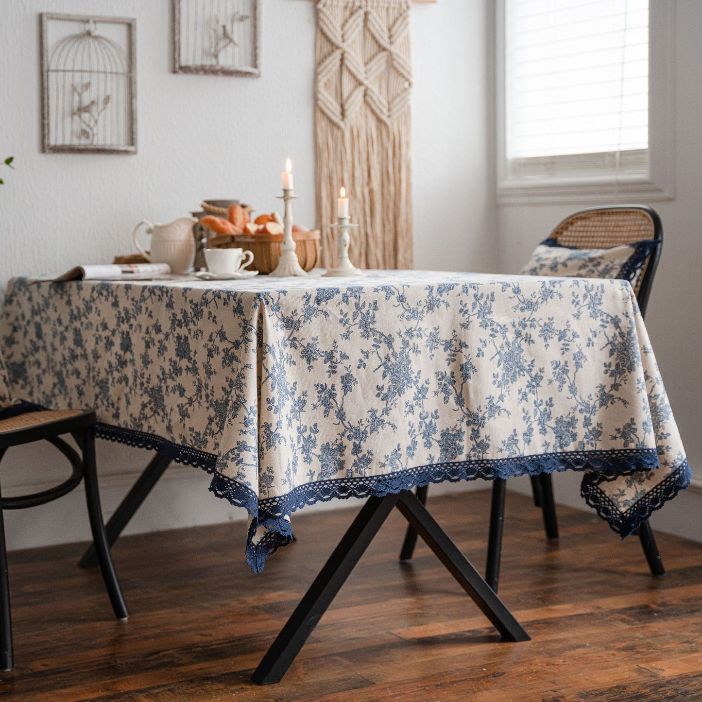Bulk French Vintage Rectangle Tablecloth with Lace Cotton Linen Blue Rose Floral Table Cover Wholesale