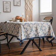 Bulk French Vintage Rectangle Tablecloth with Lace Cotton Linen Blue Rose Floral Table Cover Wholesale