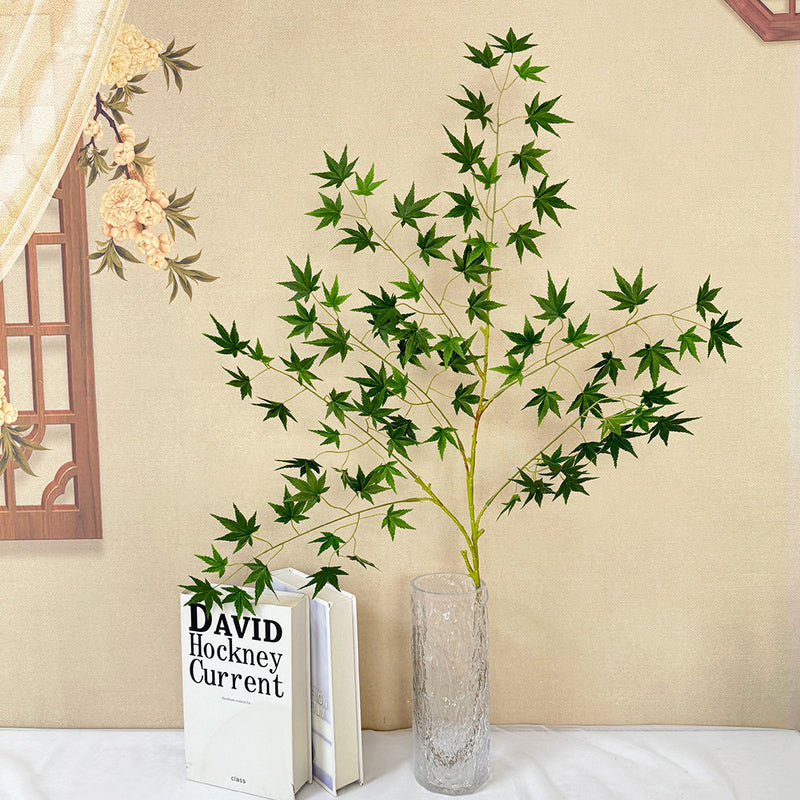 Single Stem Faux Maple Leaf Branch, 43" Tall, Velvet Fabric, Modern Fall Decor for Weddings, Home, and Events