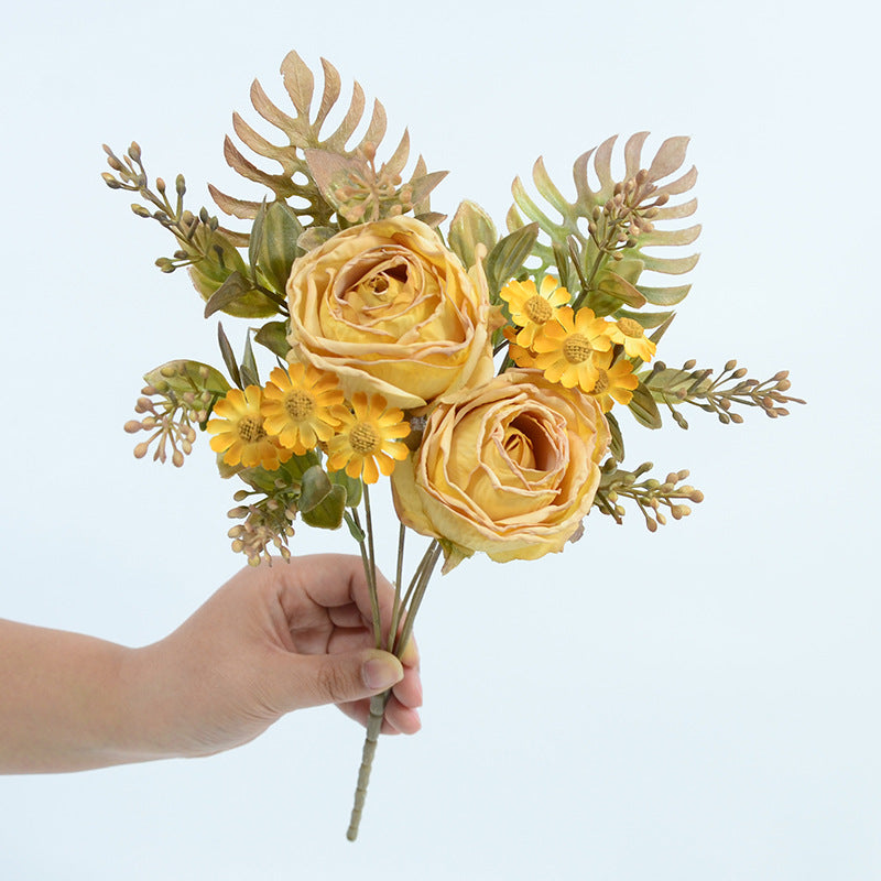 Artificial Rose and Daisy Bouquet, 12-Bloom Bush, 12" Tall, Perfect for Weddings, Home Decor, and Events