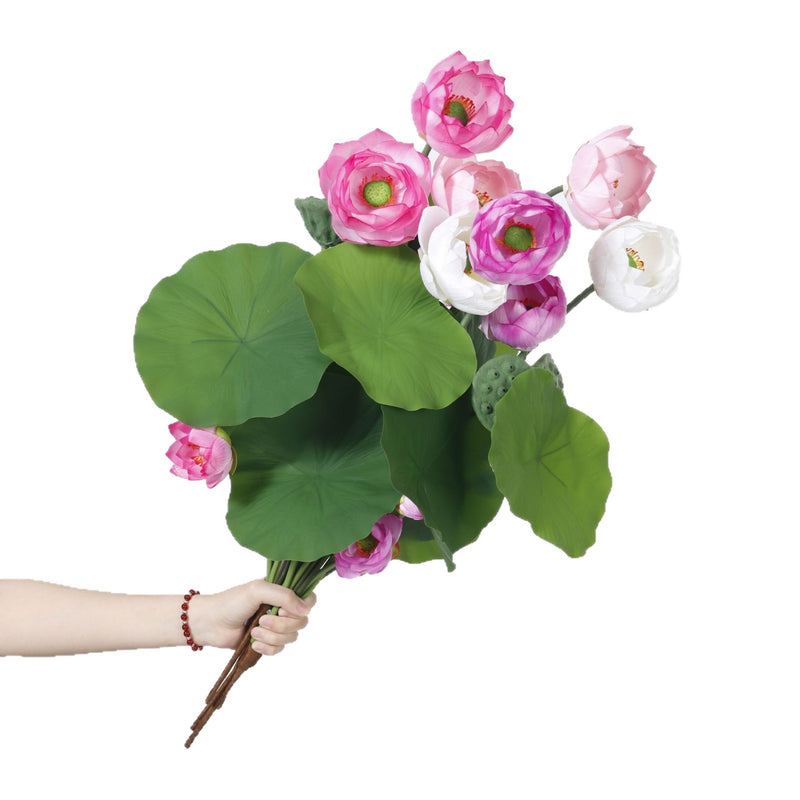 Artificial Lotus Flower Bush, 3-Bloom PU Lotus with Leaves & Seed Pod, for Wedding, Tea Room & Home Decor