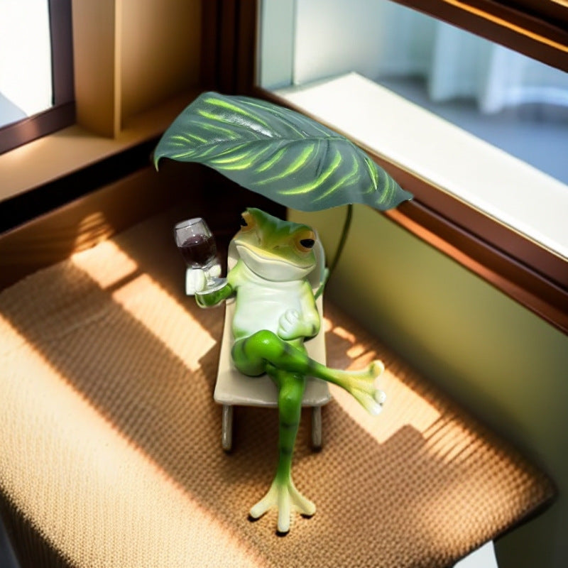 Chill Reclining Frog Statue with Leaf Umbrella - Garden Patio Decor | Indoor Outdoor Relaxing Figurine (Eco-Friendly Resin)