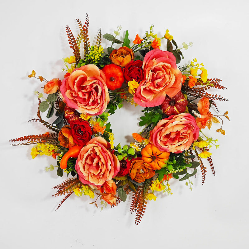Artificial Peony Pumpkin Wreath 18 Inch Fall Harvest Thanksgiving Day Decor Bulk Wholesale