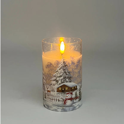 Christmas LED Flameless Candles - 3-Piece Snow Scene Glass Decals Winter Holiday Ambience Decor (3"-6")