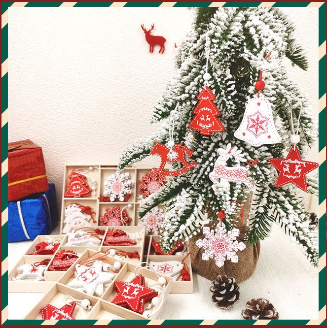 12 Pcs Christmas Ornaments Set with Snowflakes, Bells, Elk Wooden Pendants, Hanging Decorations in 4-Grid Box