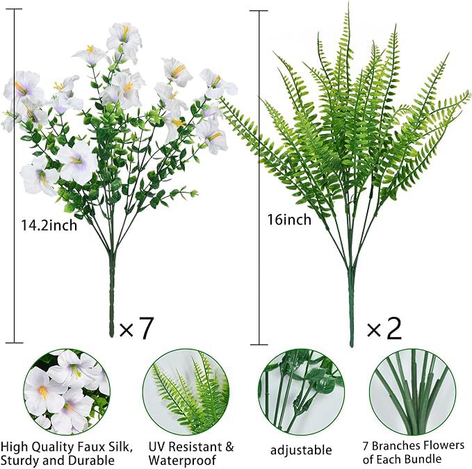 Artificial Eucalyptus, Trumpet Flower & Persian Fern Bushes, Pack of 9, Plastic, White, Indoor Outdoor Home Decor