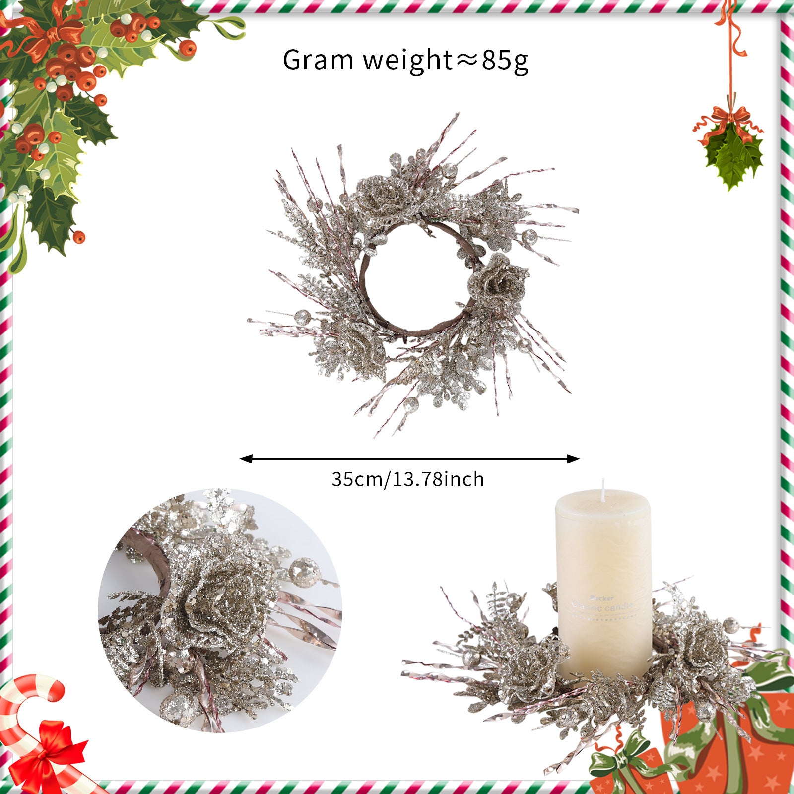 2-Pack Christmas Candle Ring Wreaths - Gold Glitter Artificial Flower Decor for Holiday Tree & Table