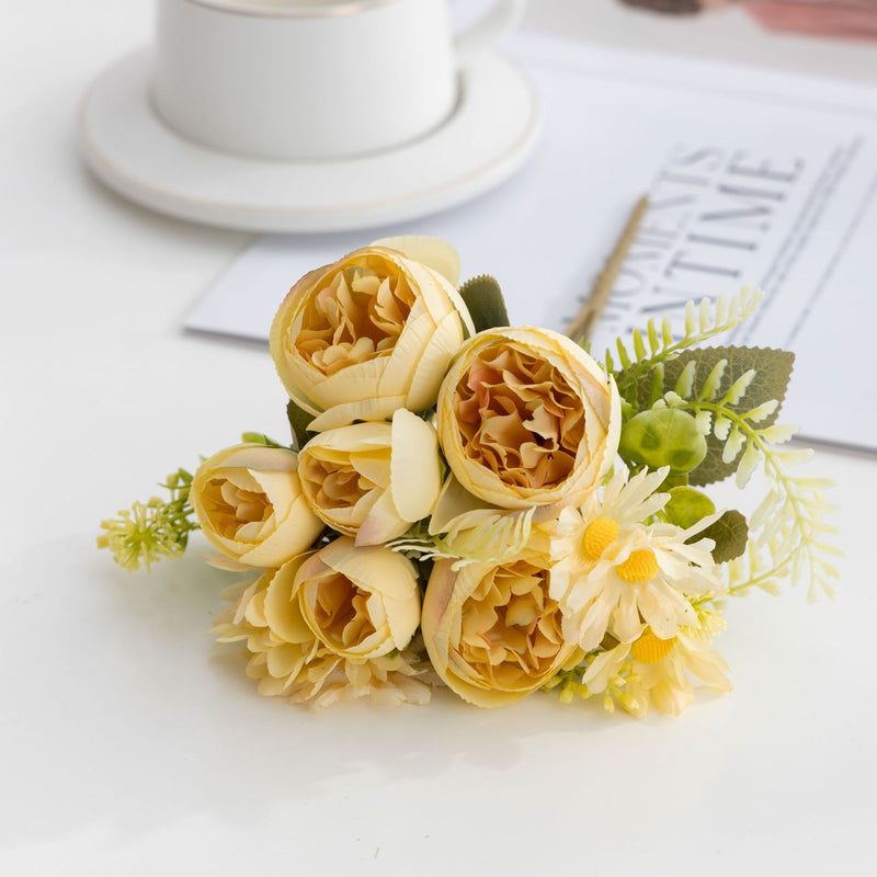 Retro Faux Silk Peony and Daisy Bouquet, 14-Bloom Floral Arrangement, 12" Tall, for Home and Event Decor