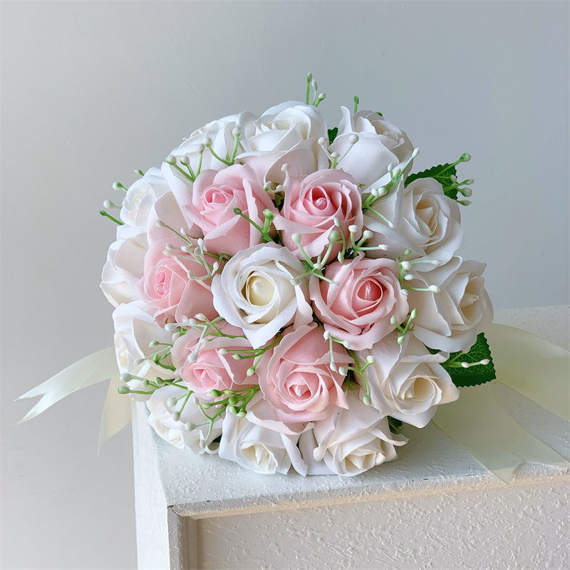 Wedding Bouquet with 18 Silk-Like Roses, 12" Height, Faux Silk Bridal Hand-Tied Bouquet