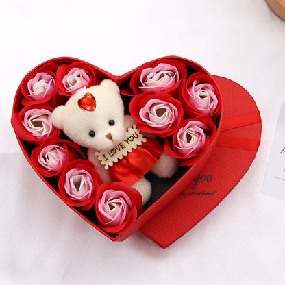 Heart Shaped Rose Soap Flower Gift Box - 10 Soap Roses with Cloth Bear | Valentine's Day & Mother's Day Birthday Gift