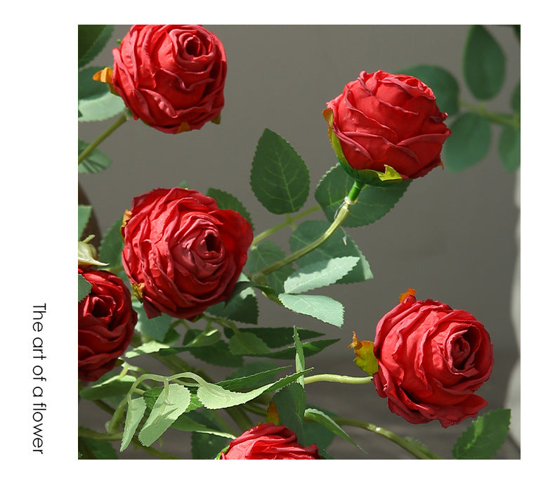 Artificial Silk 3-Head Ruffled Roses, Single Stem, 22" Long, Modern Home Decor, Wedding & Event Floral Arrangements