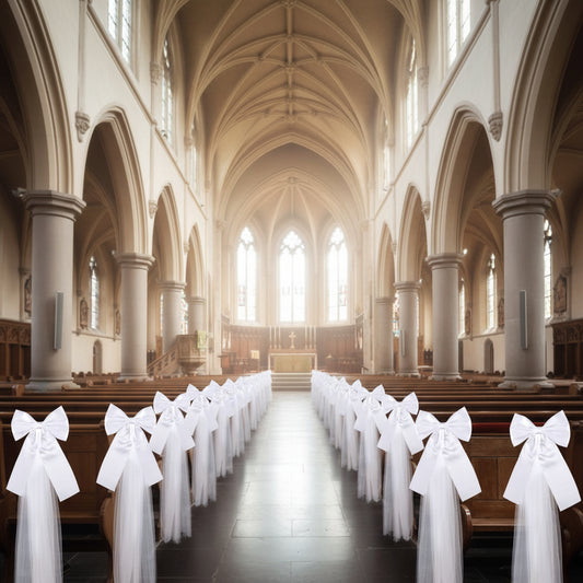 Wedding Ceremony Church Aisle Chair Decor: White Satin Bow with Tulle (15.7, Pack of 4)