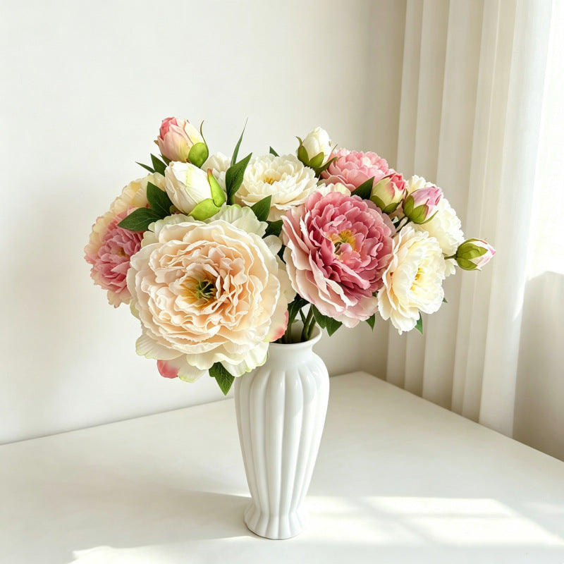 Peony & Ranunculus Silk Bush with 2 Blooms, 20" Tall, for Weddings & Home Decor
