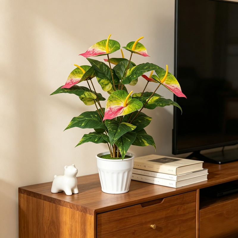 22" Artificial Anthurium Bush with 29 Blooms, PE/PVC Material, Indoor Décor for Home, Office, Wedding, and Events
