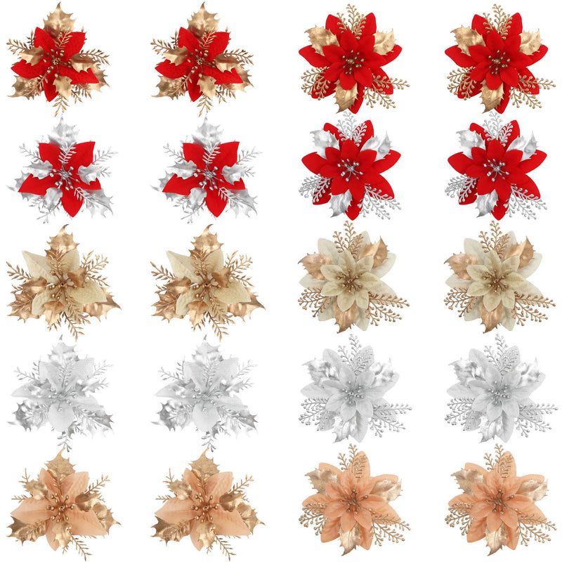 Gold Glitter Artificial Flower Head, 4.5" Diameter, DIY Christmas Tree Ornament & Holiday Decor, Faux Silk Poinsettia