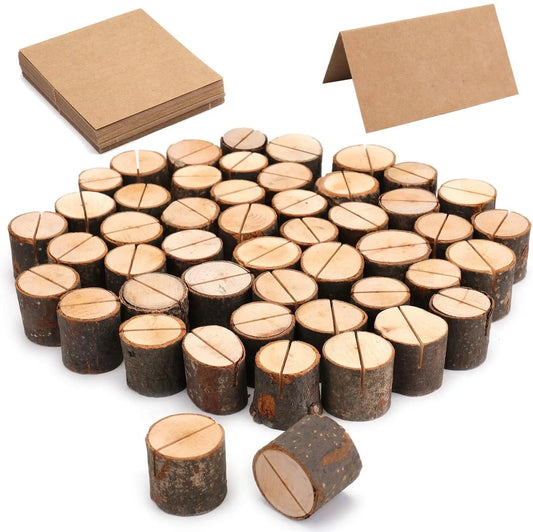 Premium Wooden Place Card Holders 30 Pack Rustic Wedding Reception Set with Kraft Cards Natural Wood for Bridal Dinner Party Decor