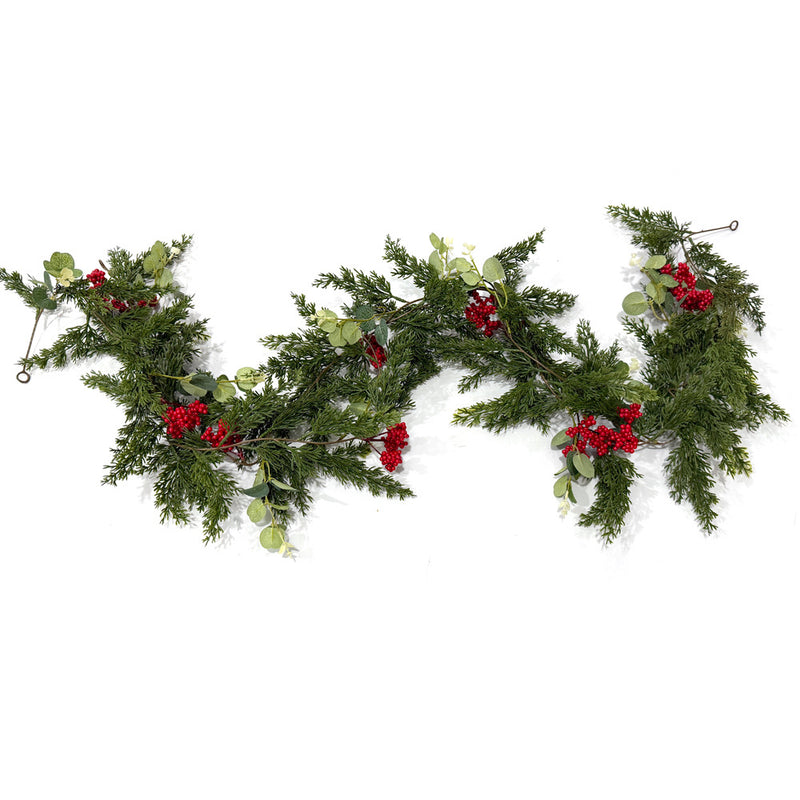 Artificial Pine Cypress Vine Garland, 71 in Trailing Greenery with Red Berries, Christmas Door Hanging & Home Decor