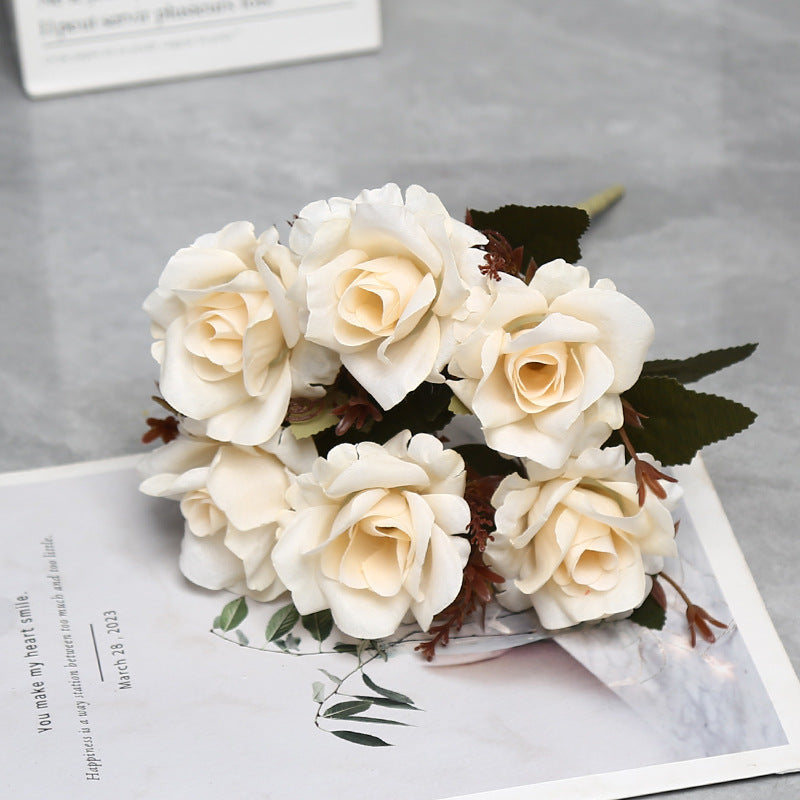 Autumn-Toned Rose Bush, 12" Faux Silk Floral Arrangement with 6 Blooms, Rustic Decor for Weddings & Home