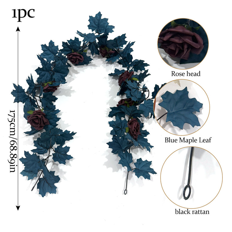 Artificial Maple Leaf & Rose Garland Vine, Blue Faux Silk Fabric, 2 Pcs per Pack, Halloween Decor