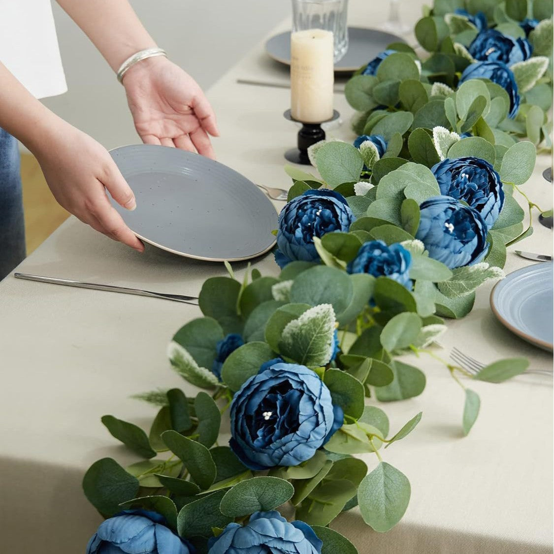 70.8" Wedding Decor Garland - Faux Eucalyptus & Blue Peony Vines for Wedding Decorations
