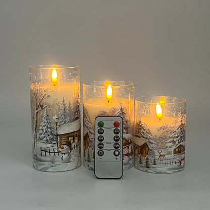 Christmas LED Flameless Candles - 3-Piece Snow Scene Glass Decals Winter Holiday Ambience Decor (3"-6")