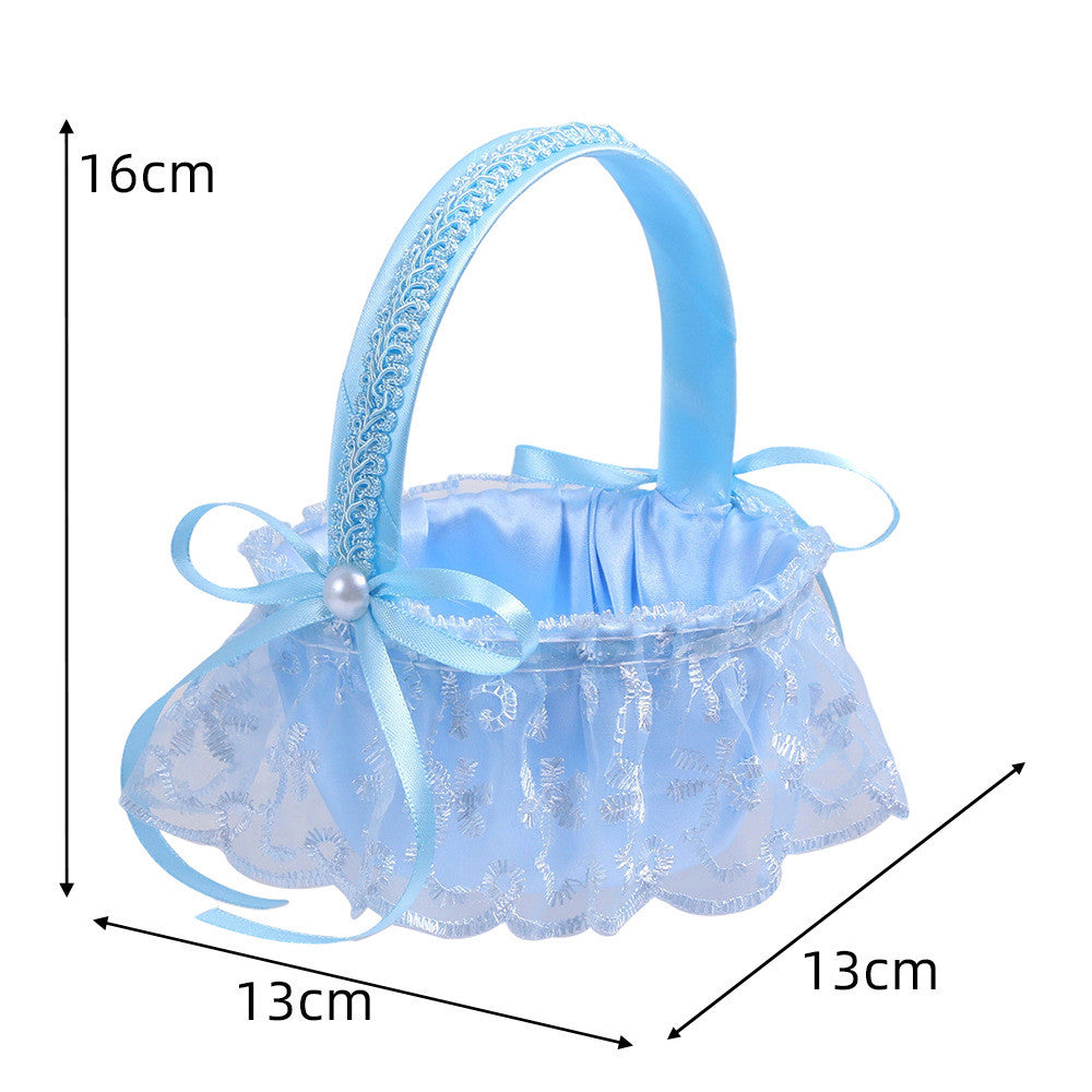 3-Pack Wedding Flower Girl Basket - Blue Lace & Pearl Accent Bridal Candy & Petal Holder