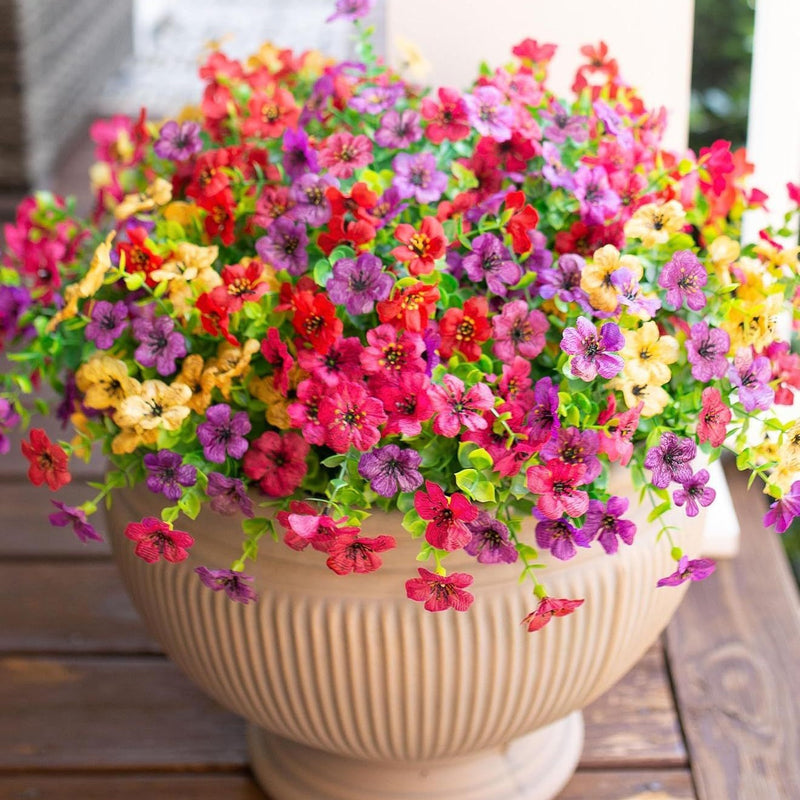Artificial Violet Bush, 7-Branch 21-Bloom Faux Flowers with Eucalyptus, Rustic Home & Wedding Decor