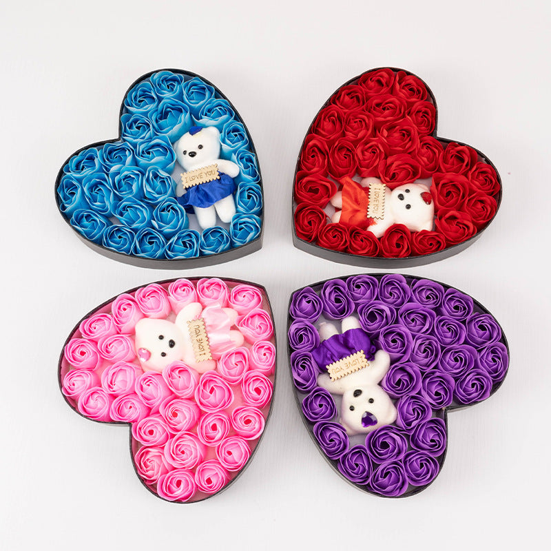 Heart Shaped Soap Rose Gift Box - 24 Soap Roses + Teddy Bear | Birthday & Valentine's Day Gift