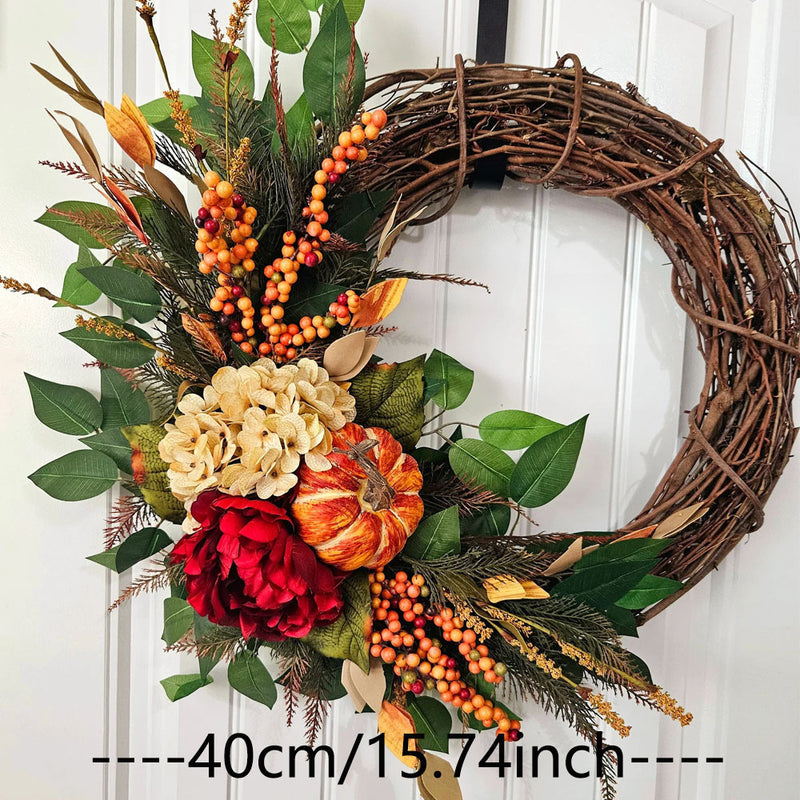 Autumn Rustic Pumpkin Hydrangea Wreath, 16" Woven Rattan Wall Hanging for Fall Decor, Wedding, Farmhouse Style