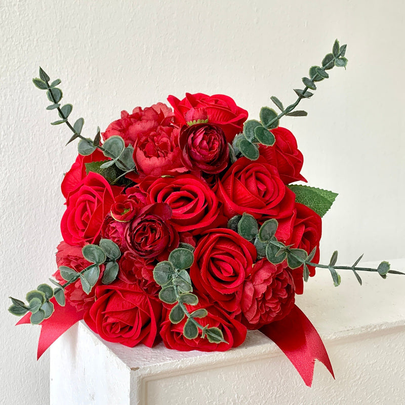 Wedding Bouquet with 18 Silk-Like Roses, 12" Height, Faux Silk Bridal Hand-Tied Bouquet