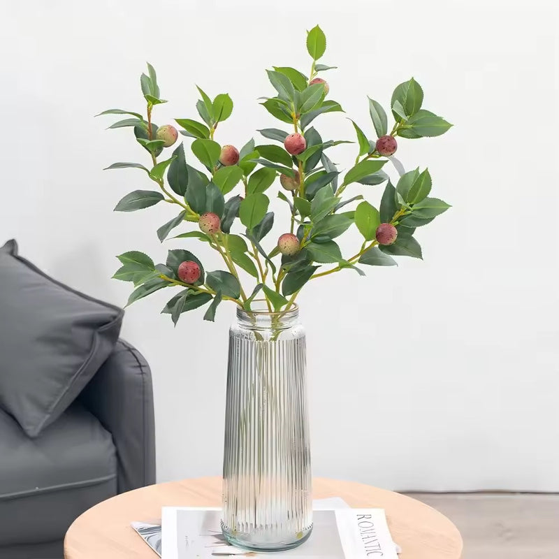 Artificial Camellia Fruit Bush, Red Berry Stem with Green Leaves, Plastic, Indoor Outdoor, Wedding, Home Decor, Window Display