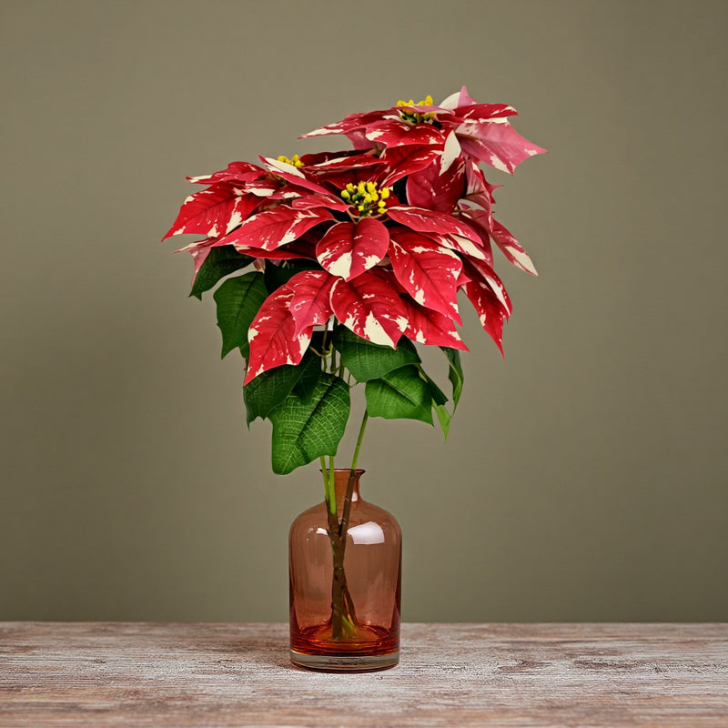 Artificial Poinsettia Bush with 23cm (9") Snowflake-Patterned Blooms, 20" Tall, Indoor Decor