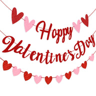 Valentine's Day Heart Glitter Garland - Happy Valentine's Day Letter Banner (Pink & Red)