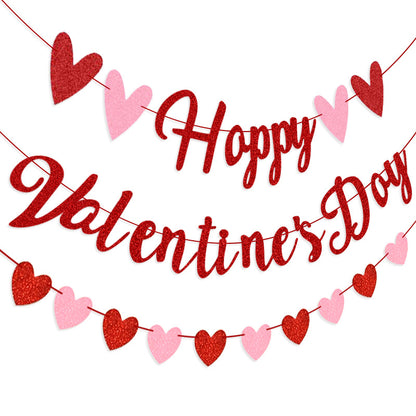 Valentine's Day Heart Glitter Garland - Happy Valentine's Day Letter Banner (Pink & Red)