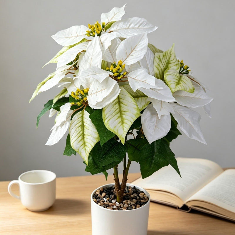 Artificial Poinsettia Christmas Flower Bush, 20" Height, Silk-Like Fabric, Indoor Holiday Decor