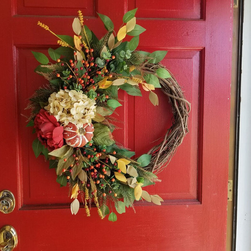 Autumn Rustic Pumpkin Hydrangea Wreath, 16" Woven Rattan Wall Hanging for Fall Decor, Wedding, Farmhouse Style