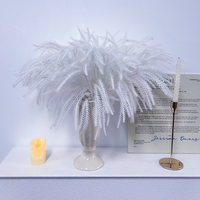 Artificial Norfolk Pine Bush, White Plastic Pine Sprigs, Bendable Stems for Halloween, Holiday & Window Display Decor