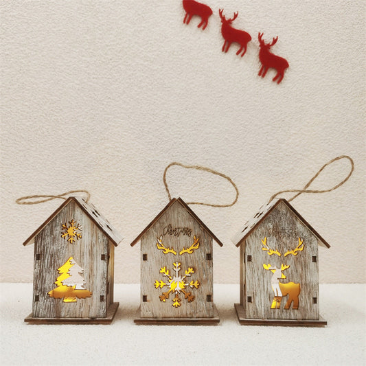 Christmas Glow Cabin House LED Ornament with Hollowed-out Snow Elk for Xmas Tree Decor, Bulk Wholesale