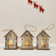 Christmas Glow Cabin House LED Ornament with Hollowed-out Snow Elk for Xmas Tree Decor, Bulk Wholesale