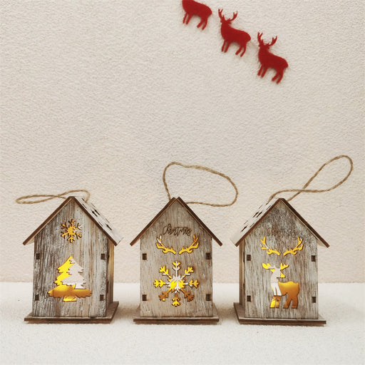 Christmas Glow Cabin House LED Ornament with Hollowed-out Snow Elk for Xmas Tree Decor, Bulk Wholesale